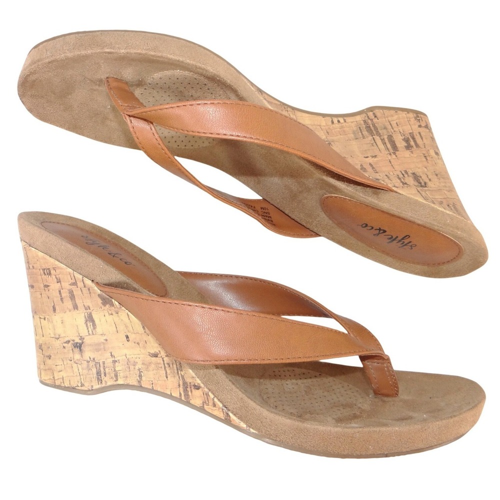 Style & Co Chicklet Women Tan Cork Wedge Thong Sandals Brown Size 10M